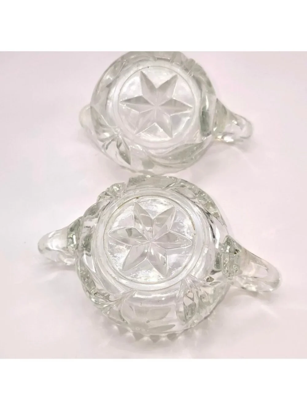 Vintage Glass Creamer & Sugar Bowl Set With Floral Etching Star Base VL5076